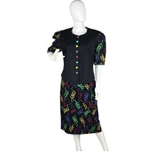 Howard Wolf Womens Sz 12 Colorful Puff Sleeve Skirt Suit Vtg 80s Marti Gras